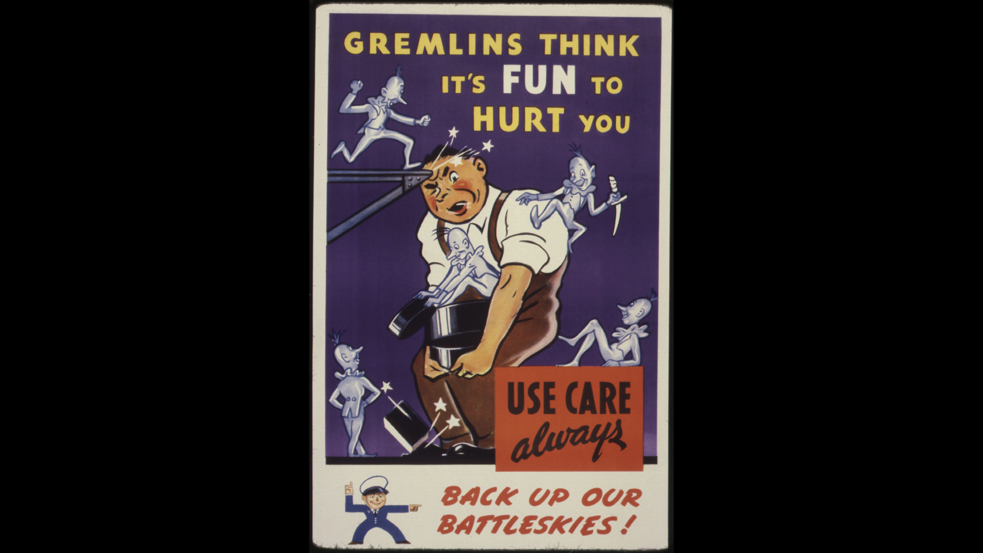 a WWII workers' safety poster featuring gremilns