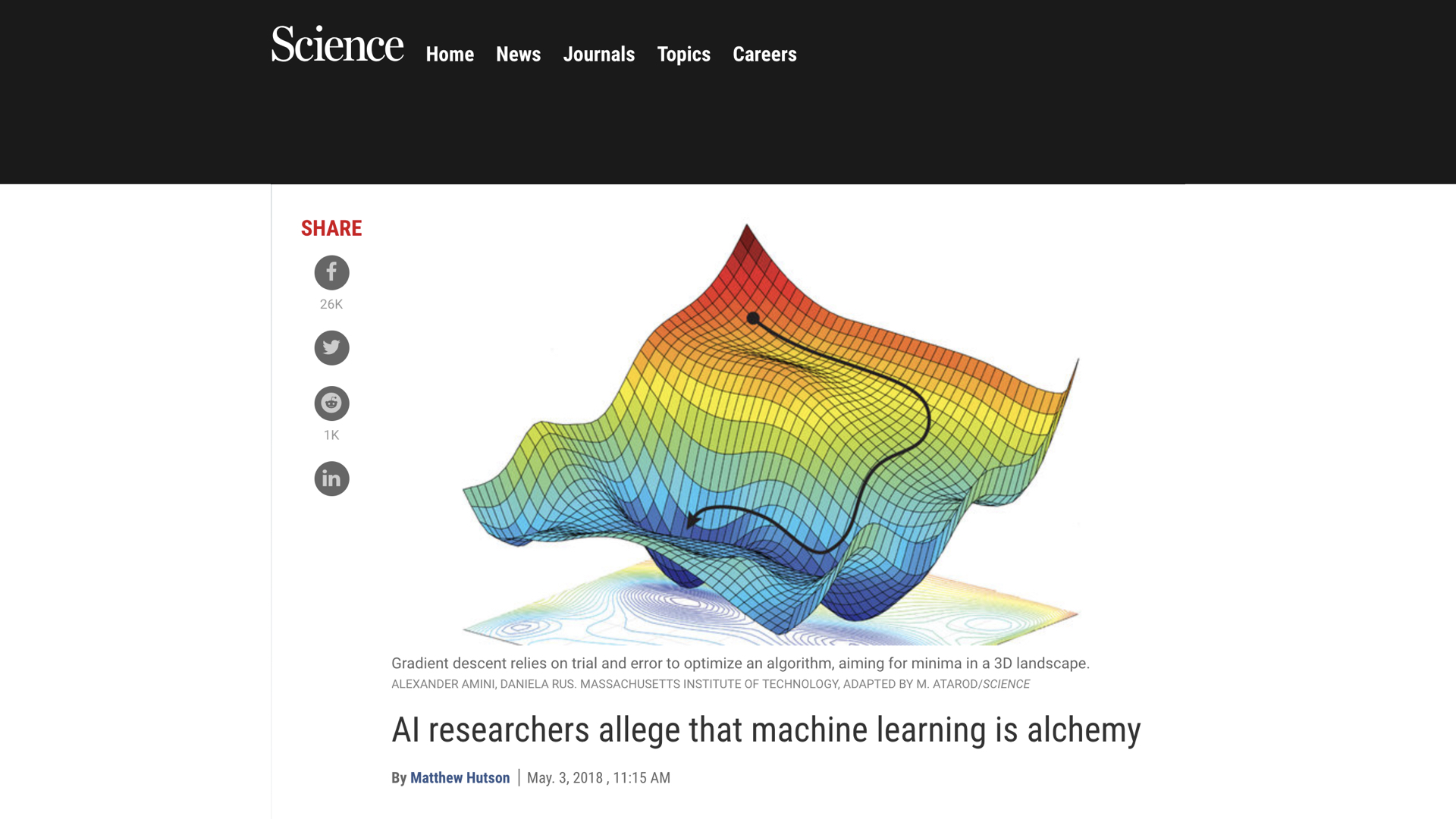 A screenshot of Science magazine's story AI researchers allege that machine learning is alchemy
